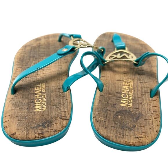 Michael Kors Teal Blue Gold Logo Thongs Sandals Flip Flops Shoes Flats sz 6 - Picture 2 of 16